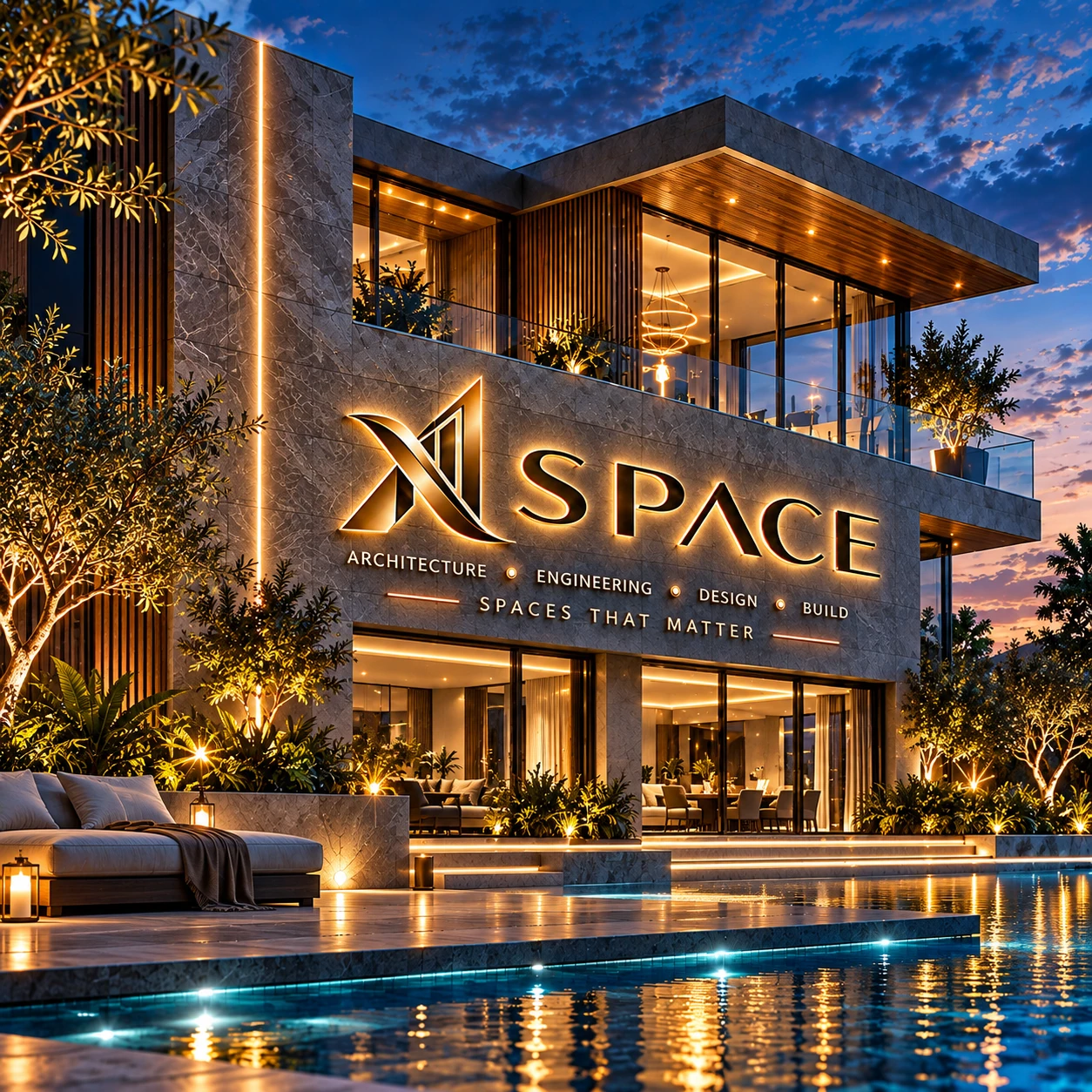 Architectural visual of a modern building with Space X branding at dusk