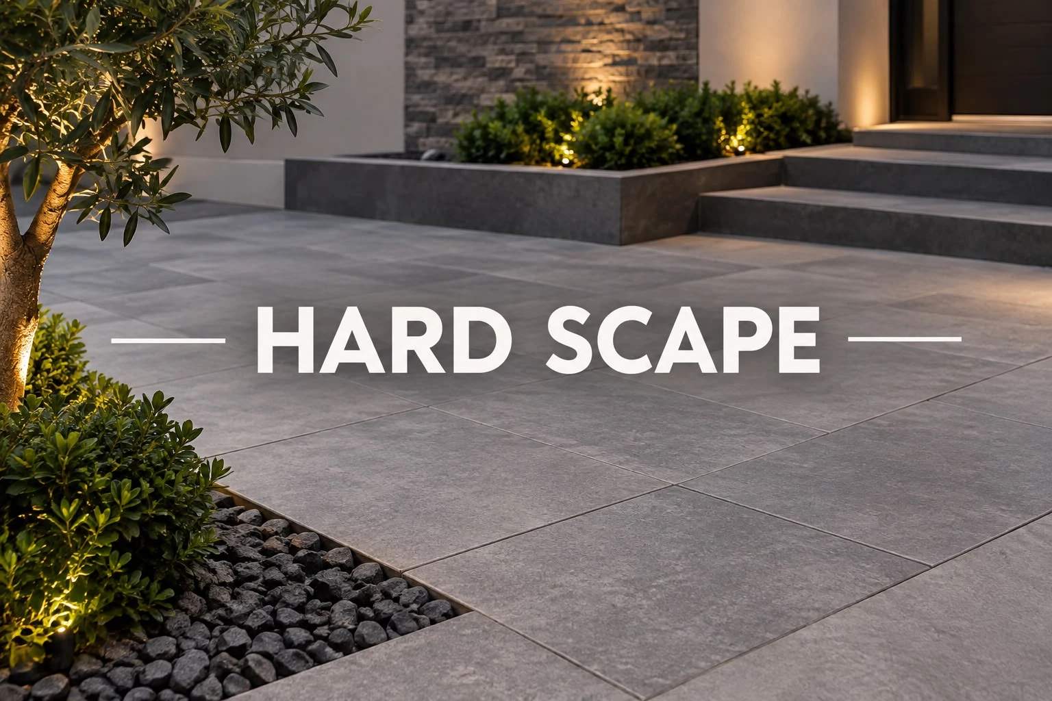 غلاف هارد سكيب بأرضيات خارجية ودرجات وأحواض نباتات مع عبارة HARD SCAPE
