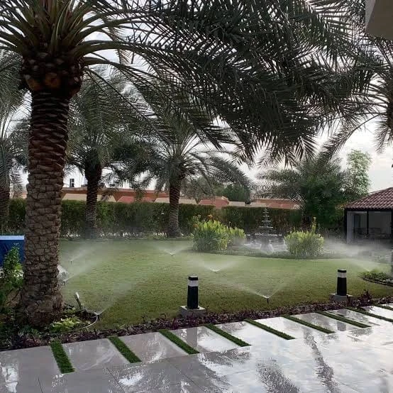 Irrigation sprinklers watering a garden with palm trees and a paved path