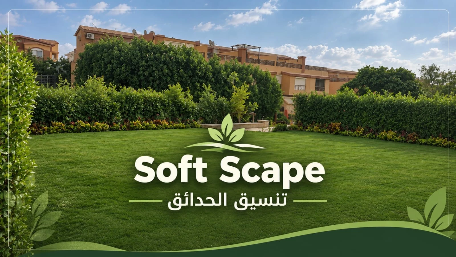 غلاف تنسيق الحدائق بمسطح أخضر وأشجار وشجيرات وعبارة Soft Scape