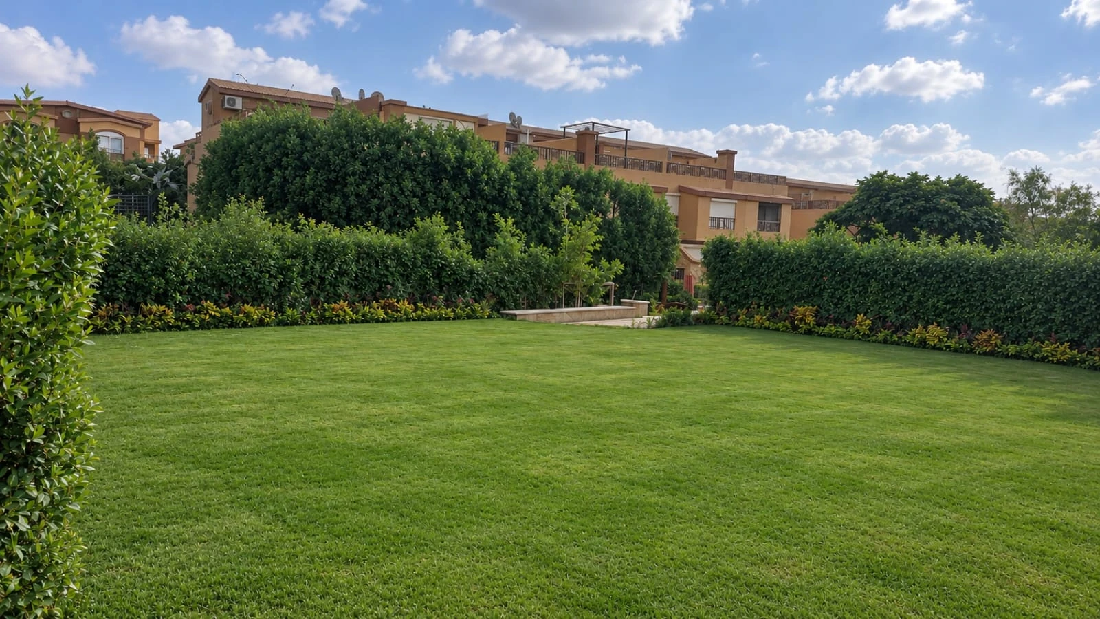 Wide green lawn surrounded by trees and shrubs